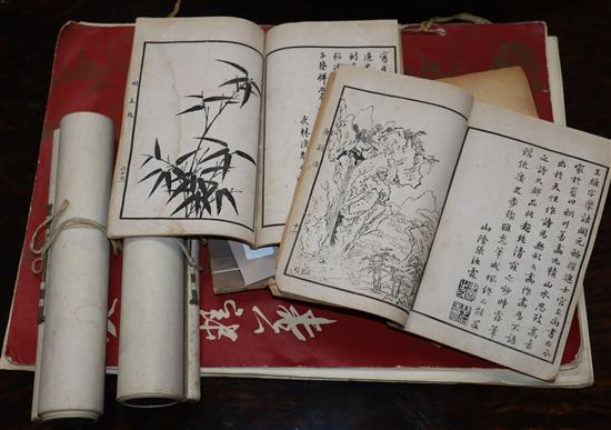 Six Chinese woodblock printed books, two printed calligraphic scrolls and a book on Chinese art